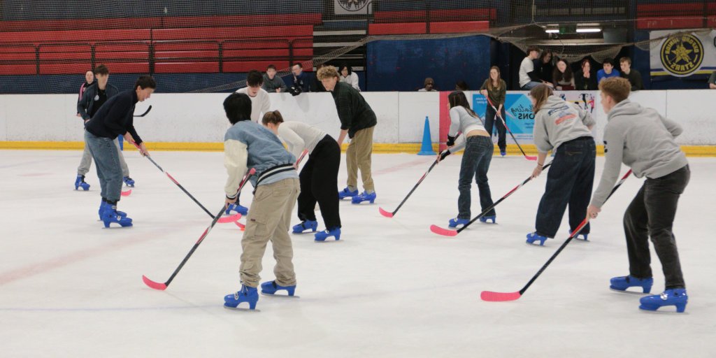 People playing shinny ice hockey